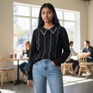 Cable & Gauge Rhinestone Glitter Black Silver Collared Chic Sweater NWT Medium